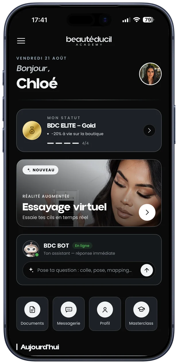 Écran espace élève de l'application Beauté du Cil